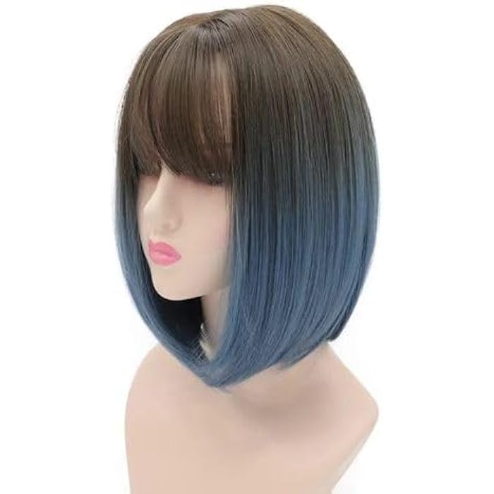 Short Bob Wig with Bangs, Ombre Brown to Blue, Straight Synthetic Hair Wigs for Women - Image 2